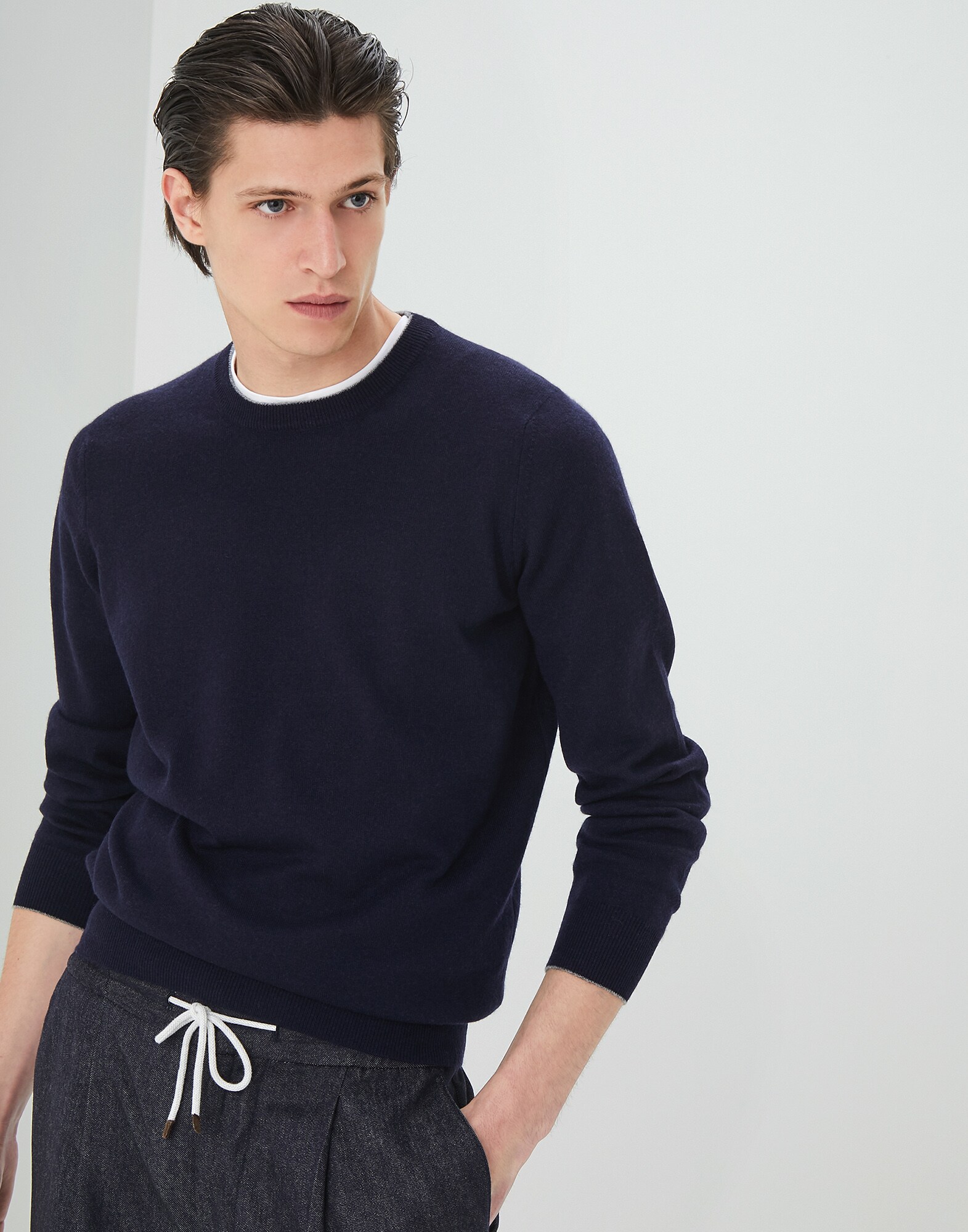 圆领针织衫 海军蓝 男款 1 - Brunello Cucinelli