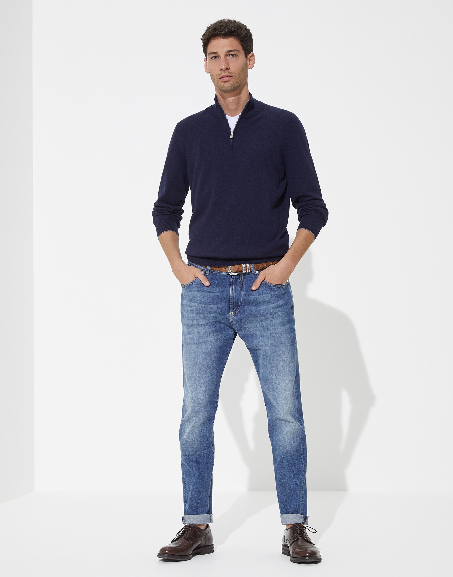高领针织衫 海军蓝 男款 3 - Brunello Cucinelli