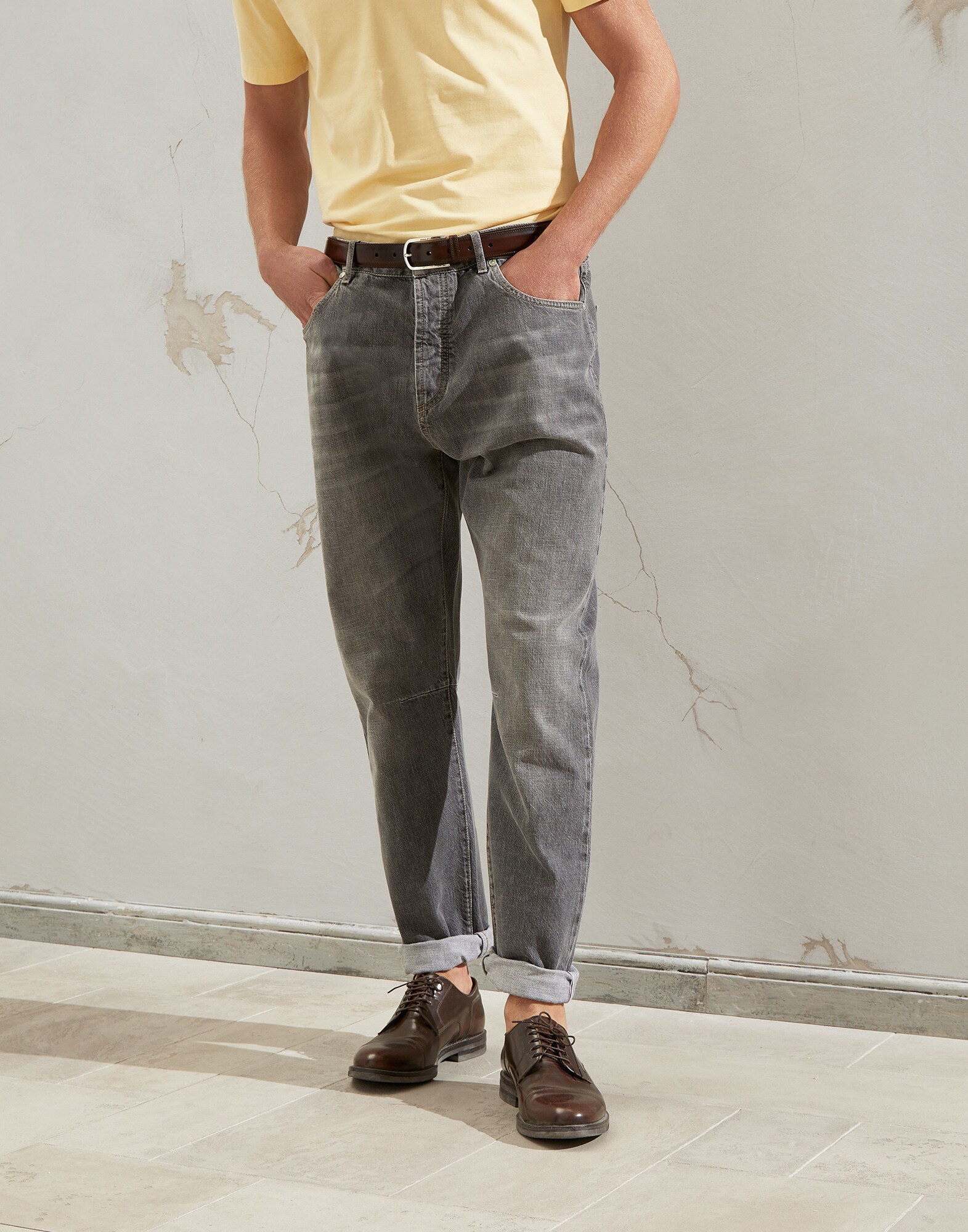 Leisure fit five-pocket trousers Grey Denim Man - Brunello Cucinelli