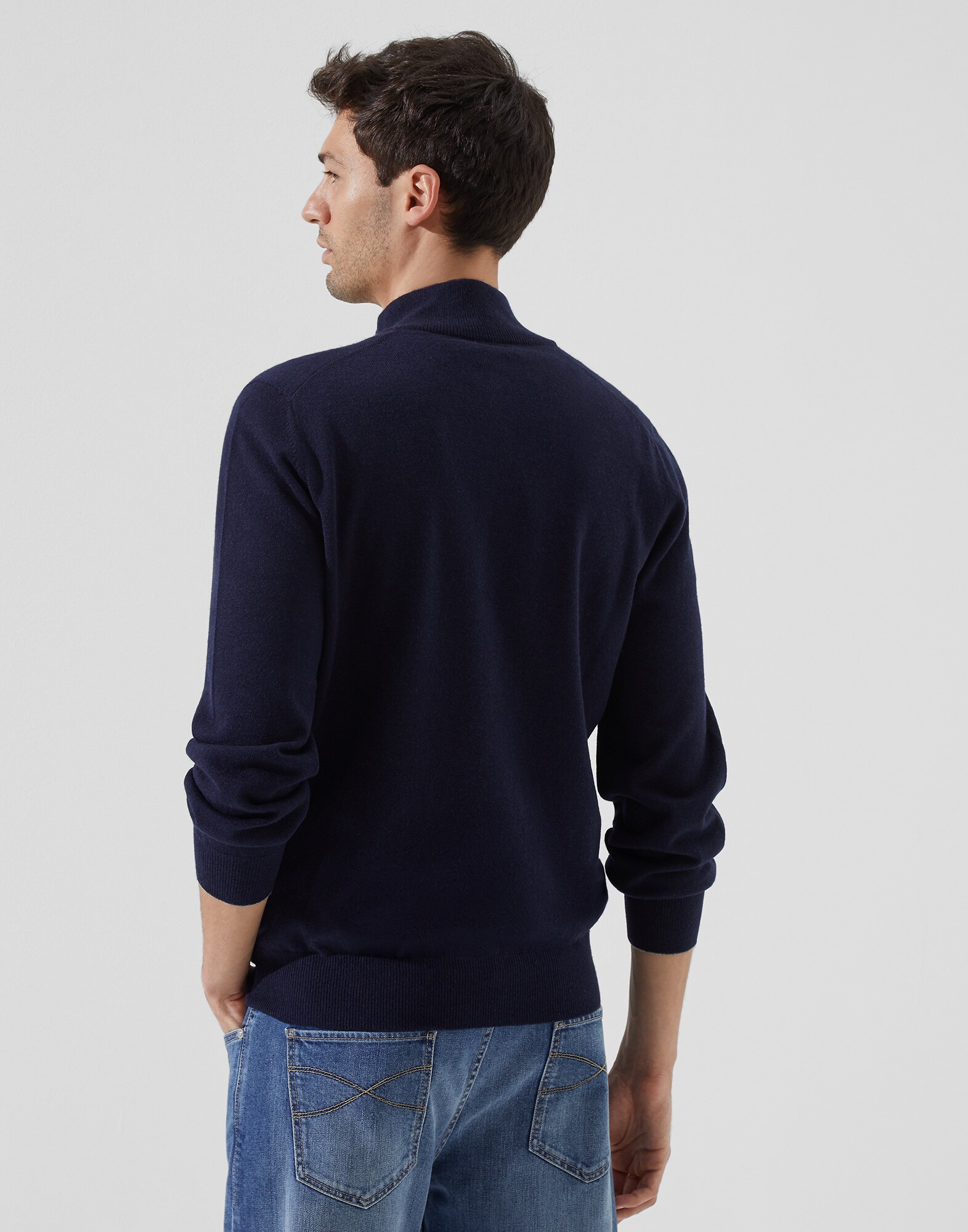 高领针织衫 海军蓝 男款 1 - Brunello Cucinelli