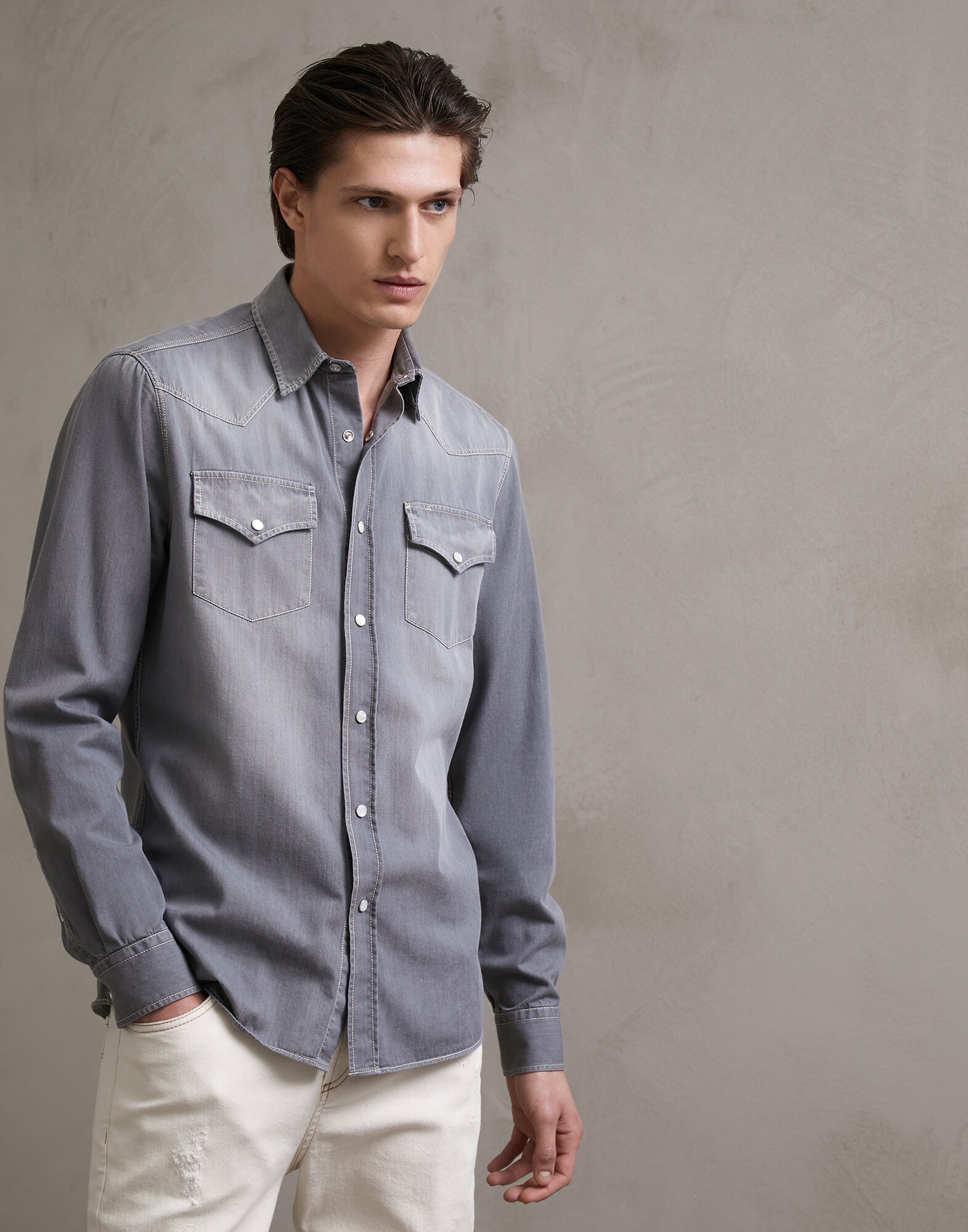 Casual Shirt Grey Denim Man 1 - Brunello Cucinelli