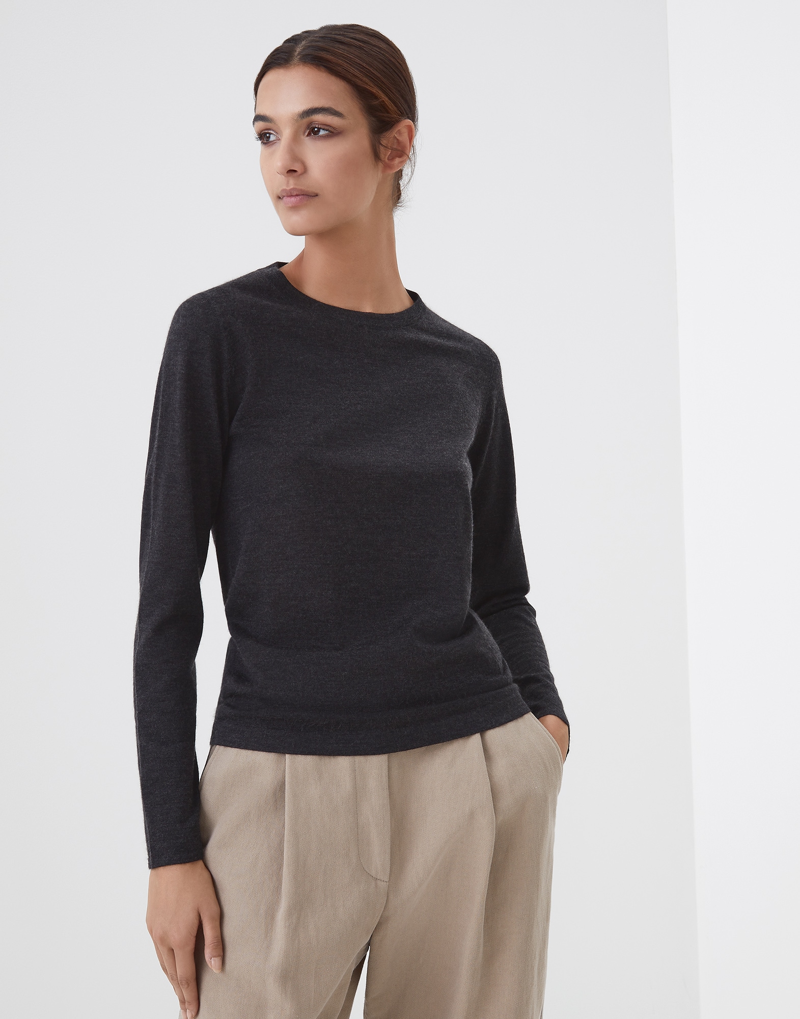 Crewneck Sweater Anthracite Woman 0 - Brunello Cucinelli