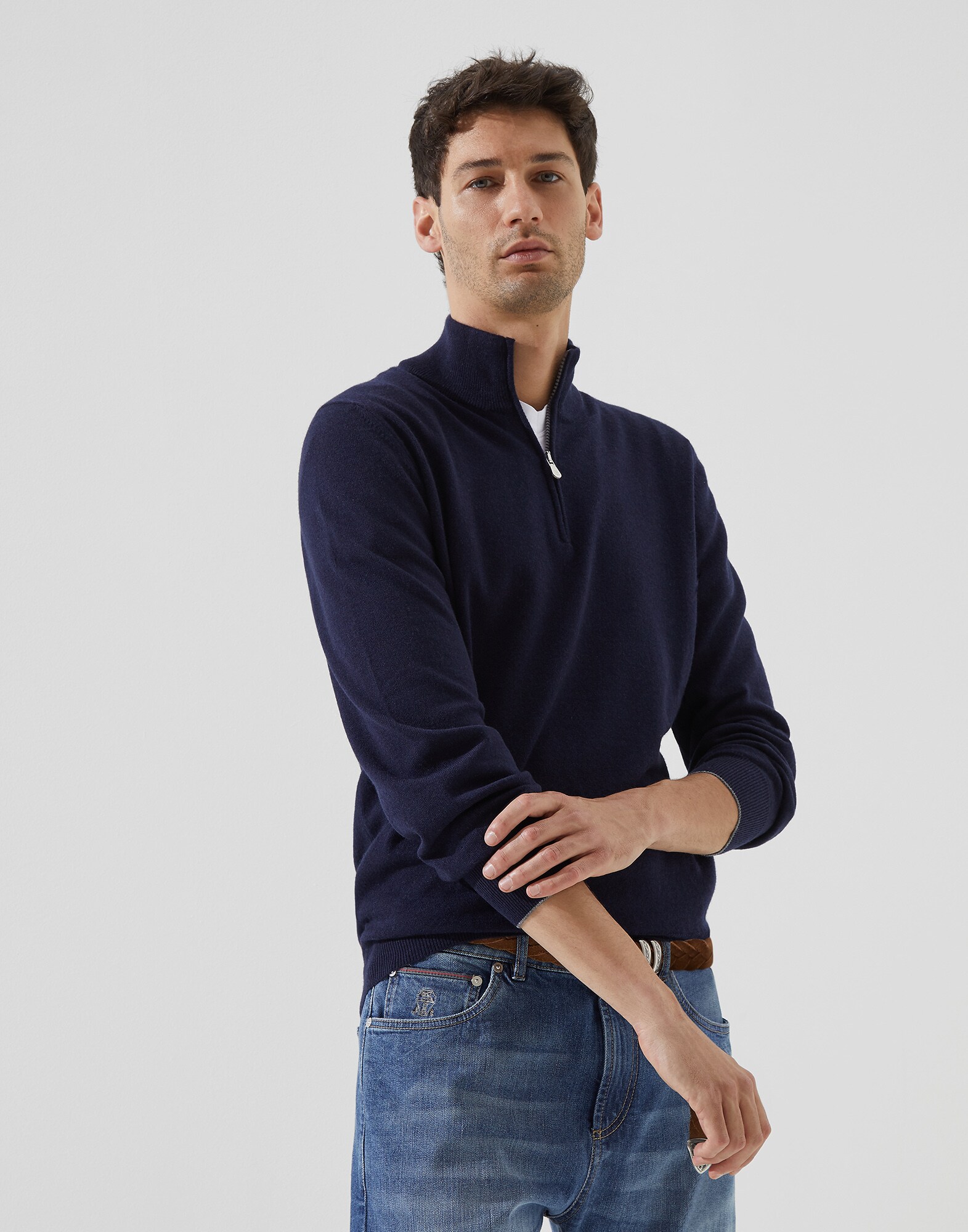 高领针织衫 海军蓝 男款 0 - Brunello Cucinelli
