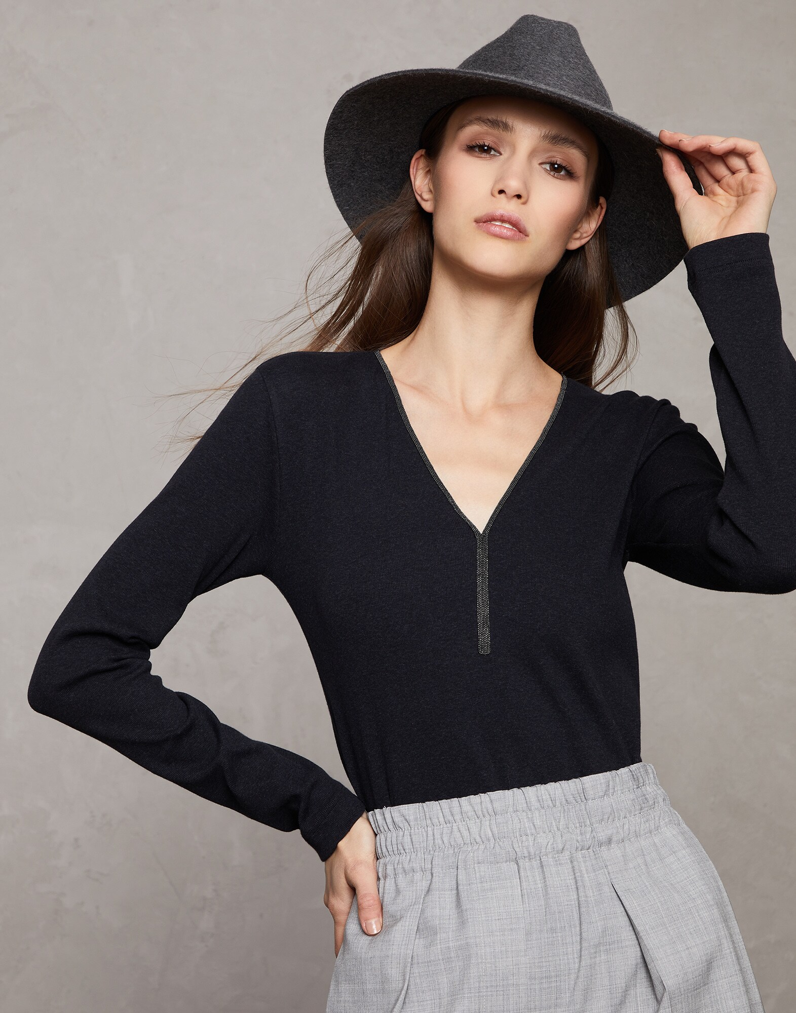 Ribbed jersey T-shirt Anthracite Woman - Brunello Cucinelli