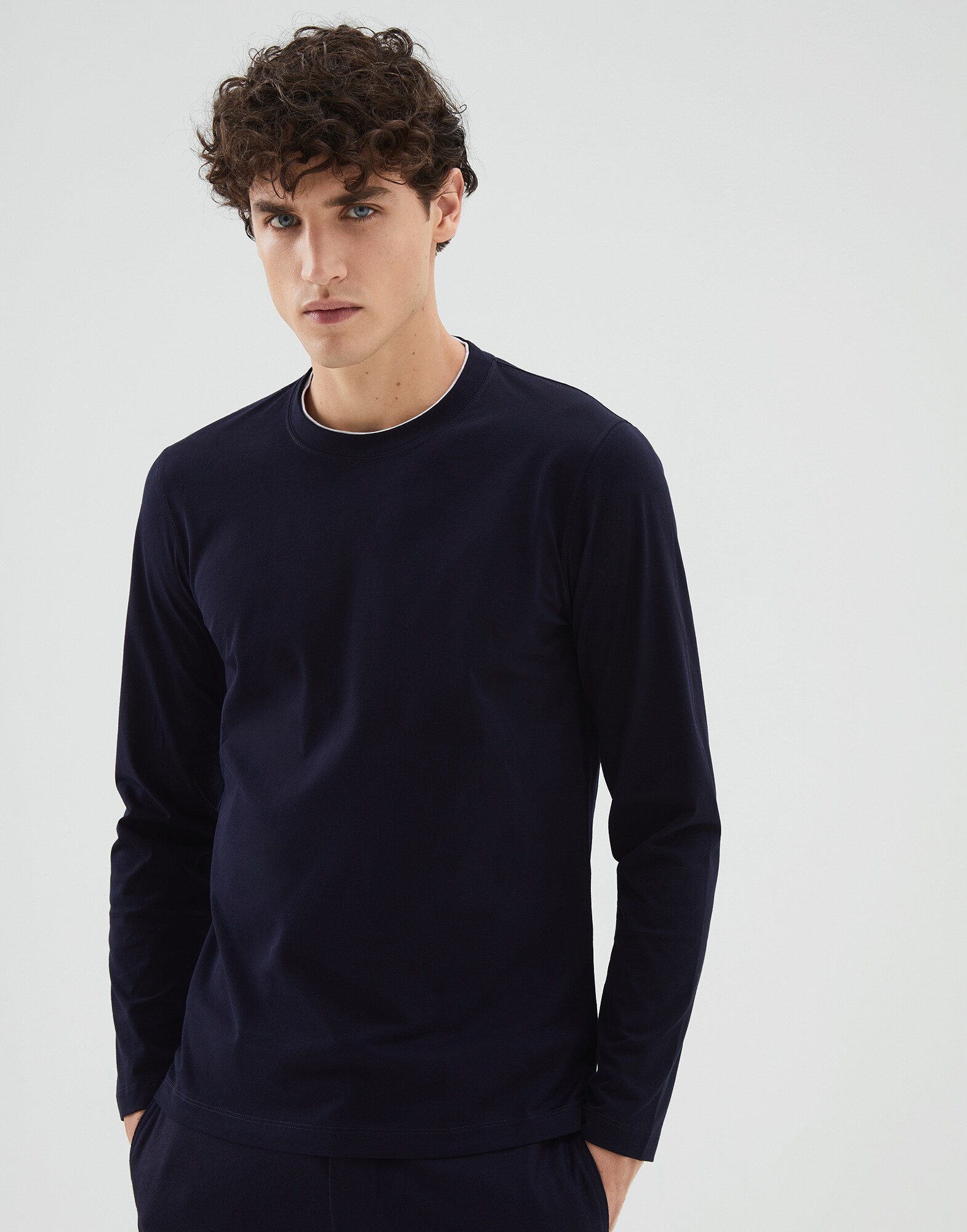 Long Sleeve T-Shirt Navy Blue Man 1 - Brunello Cucinelli