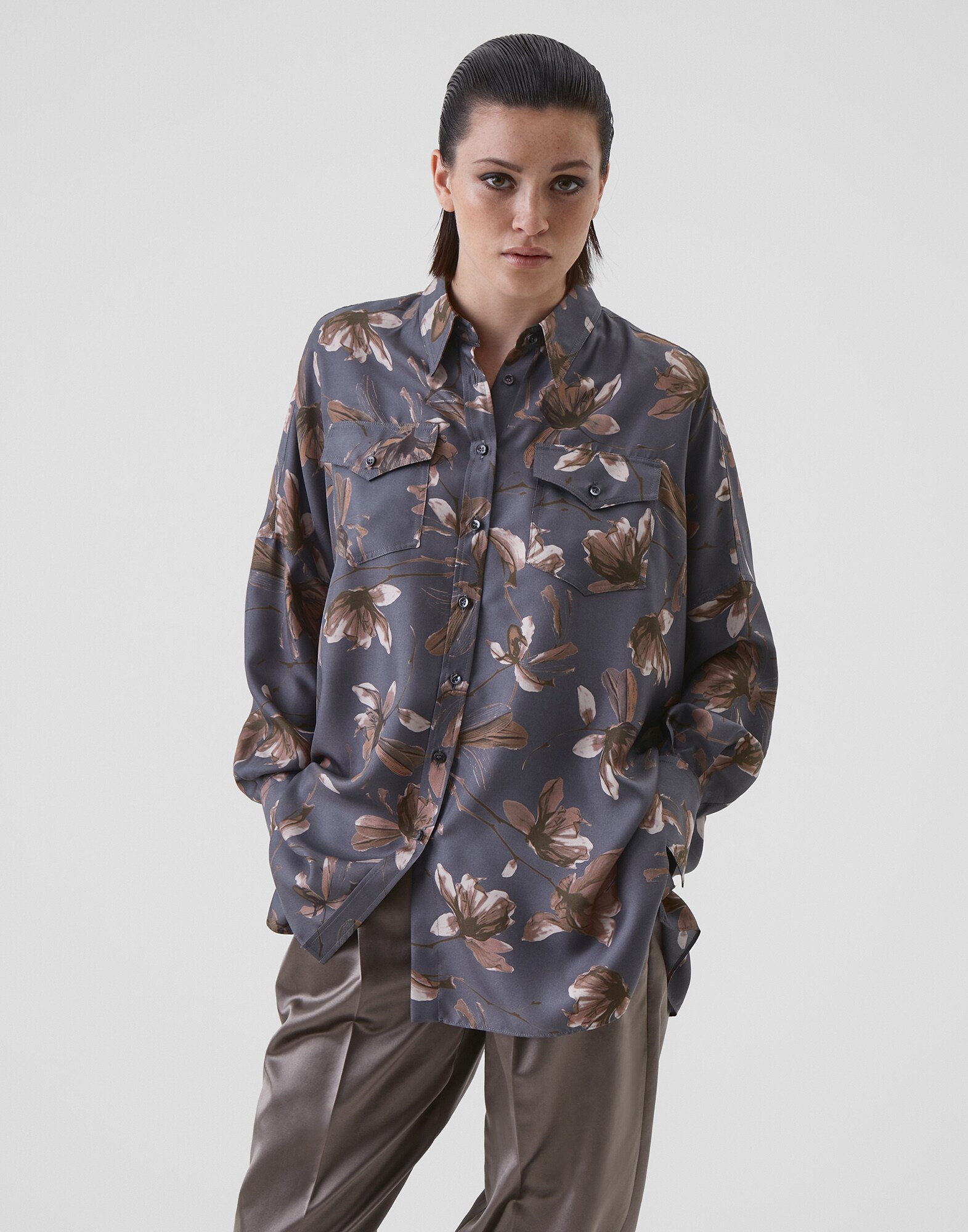 Silk Shirt Dark Grey Woman 1 - Brunello Cucinelli