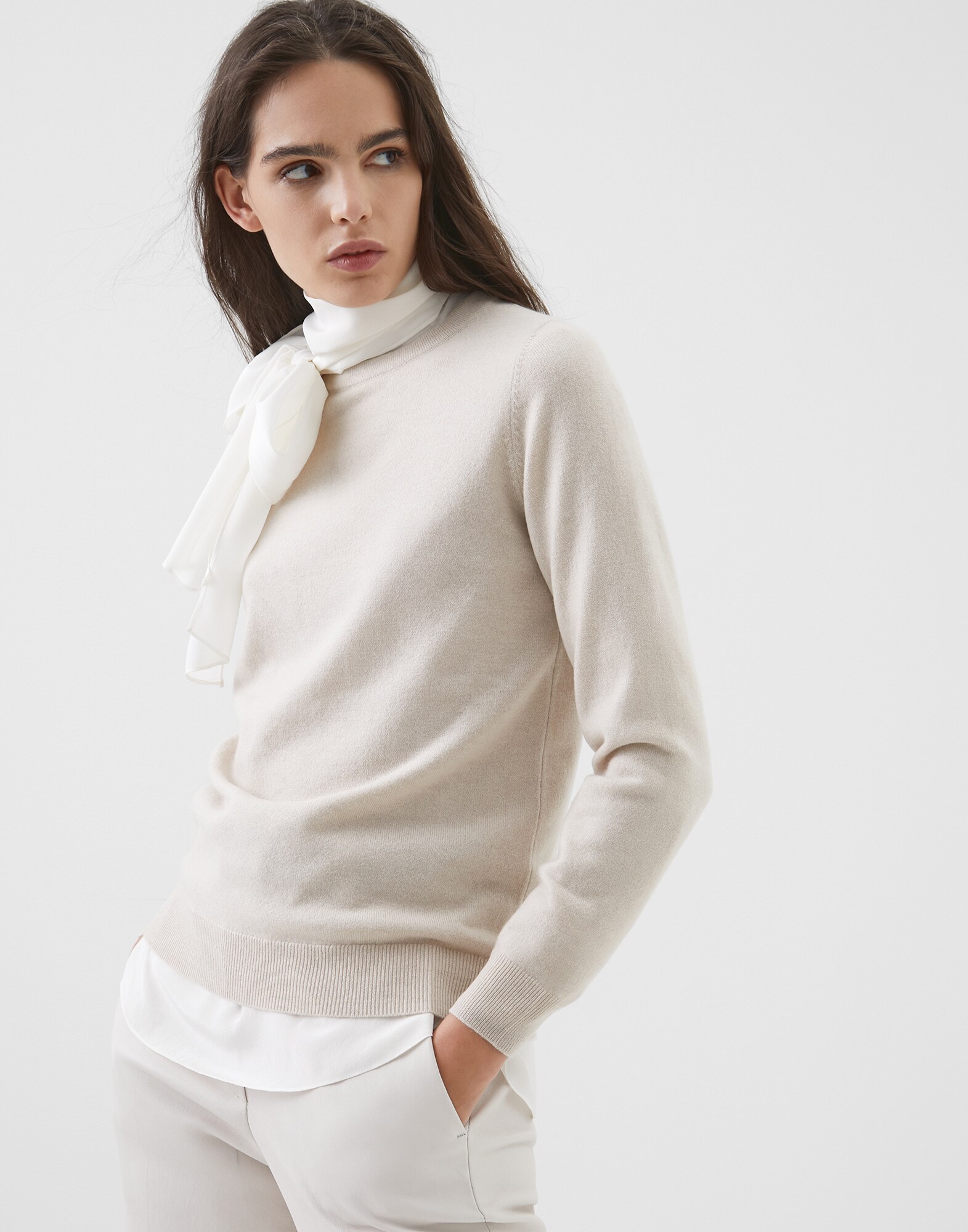 Crewneck Sweater Beige Woman 1 - Brunello Cucinelli