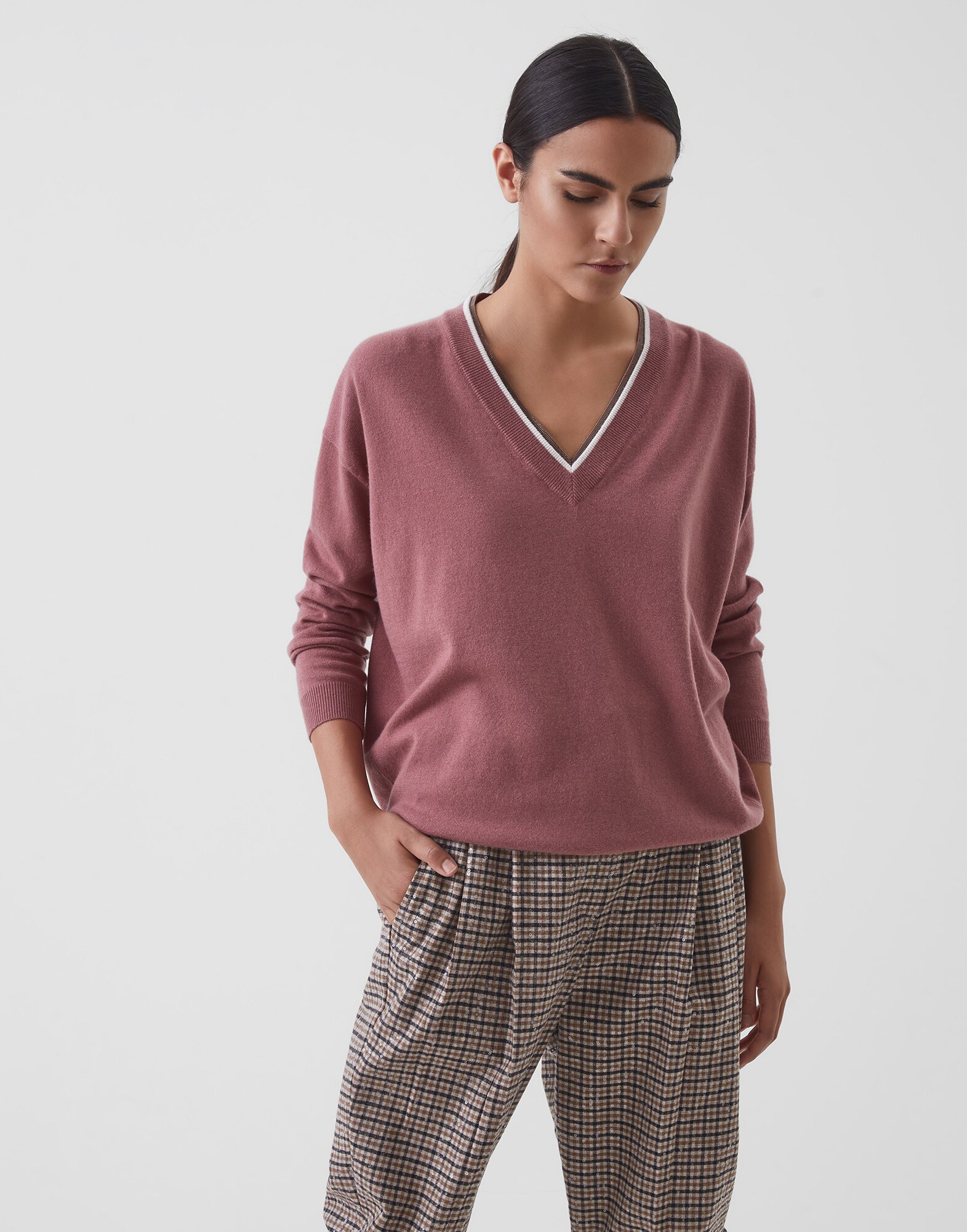 V-neck Sweater Pink Woman 1 - Brunello Cucinelli